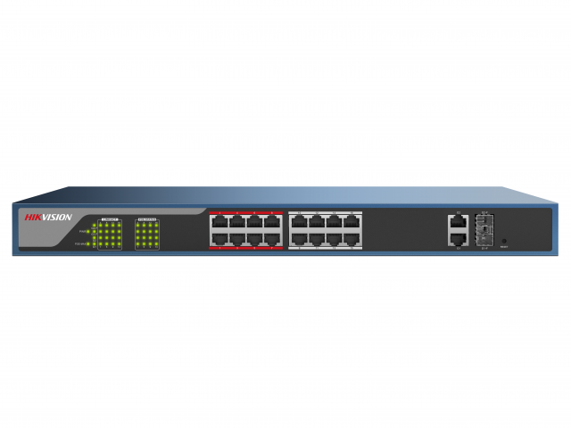 PoE коммутатор Hikvision DS-3E1318P-E 16 RJ45 100M с грозозащитой 4кВ, 1-8 порты с высоким приоритетом; 2 RJ45 1000M PoE; 2 1000М SFP порта DS-3E1318P-E DS-3E1318P-E