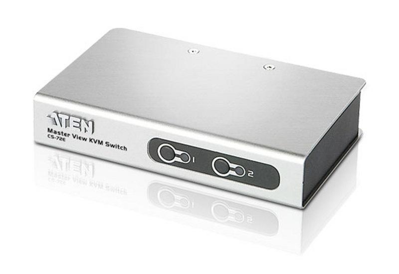 KVM переключатель ATEN VGA/SVGA+KBD+MOUSE, 1> 2 блока/порта PS/2, c KVM-шнурами PS/2 2х1.2м, (DDC2B+электростр.) CS72ECZ-AT CS72ECZ-AT