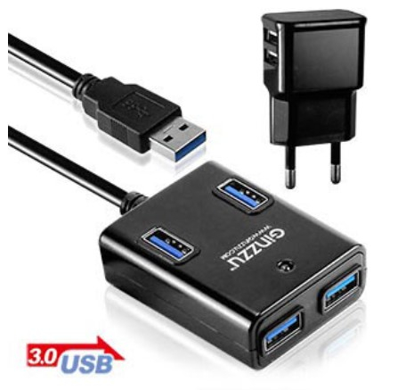 Разветвитель Ginzzu  черный/ USB 3.0/4 порта, БП  GR-384UAB GR-384UAB