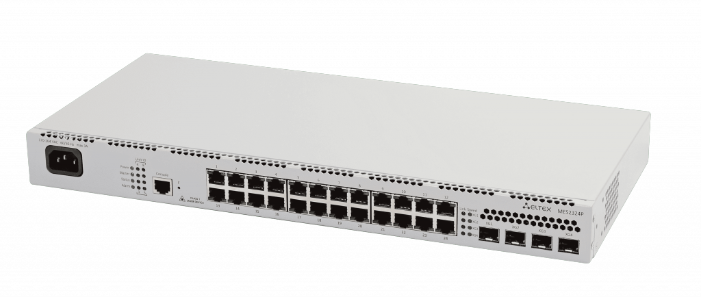 Коммутатор Eltex 24 порта 10/100/1000 Base-T (PoE/PoE+), 4 порта 10GBase-X (SFP+)/1000Base-X (SFP), L2, 220V AC MES2324P_AC MES2324P_AC