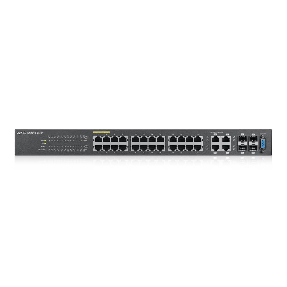 Коммутатор ZYXEL управляемый 24 PoE Gigabit Ethernet с 4 SFP-слотами совмещенными с разъемами RJ-45 GS2210-24HP-EU0101F GS2210-24HP-EU0101F