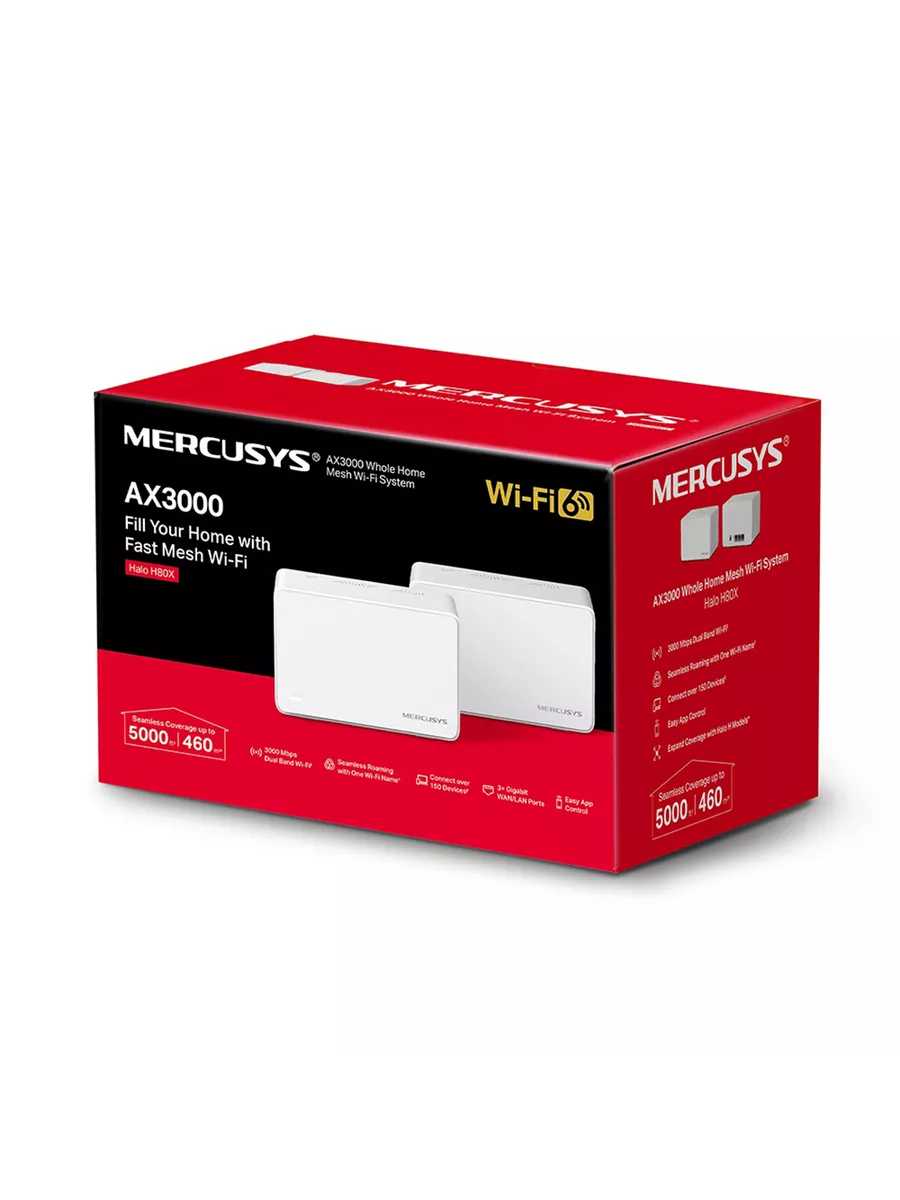 Роутер Mercusys Halo H80X(2-pack) Mesh система AX3000 Wi-Fi 6, до 574 Мбит/с на 2,4 ГГц + до 2402 Мбит/с  Halo H80X(2-pack) Halo H80X(2-pack)
