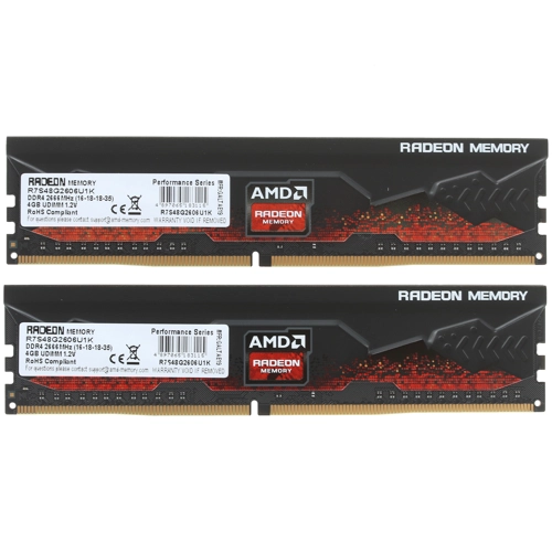 Модуль памяти AMD 8GB Radeon™ DDR4 2666 DIMM R7 Performance Series Black Gaming Memory Non-ECC, CL16, 1.2V, Heat Shield, Kit (2x4GB), RTL R7S48G2606U1K R7S48G2606U1K
