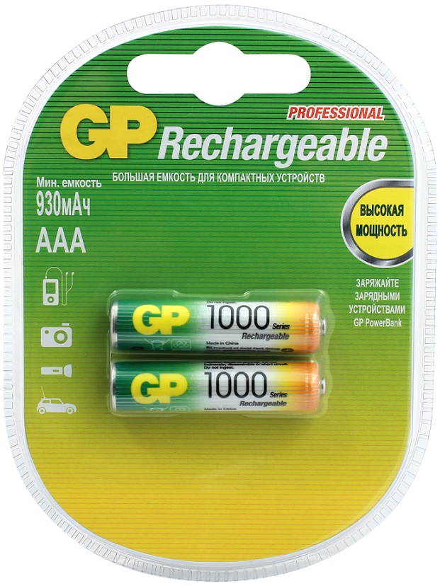 Аккумуляторная батарея GP 1000 mAh AAA/286/HR03 NiMH (2 шт., блистер) 100AAAHC-2DECRC2 100AAAHC-2DECRC2