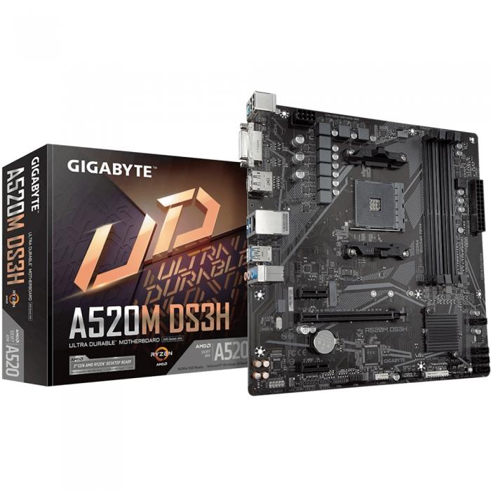 Материнская плата Gigabyte , Socket AM4, AMD A520, 4xDDR4-3200, DVI-D+HDMI+DP, 1xPCI-Ex16, 2xPCI-Ex1, 4xSATA3(RAID 0/1/10), 1xM.2, 8 Ch Audio, GLan, (2+2)xUSB2.0, (4+2)xUSB3.2, 1xPS/2, mATX, RTL A520M DS3H A520M DS3H