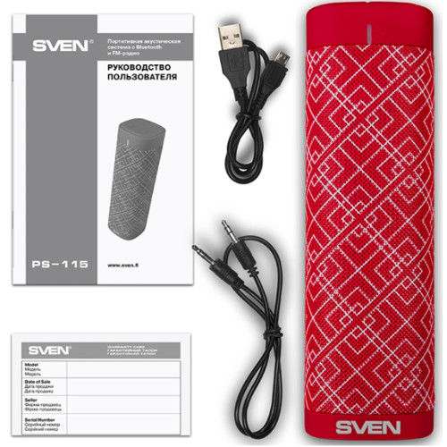 Портативная колонка Sven PS-115, красный, (2.0, мощность 2x5 Вт (RMS), TWS, Bluetooth, FM, USB, microSD, встроенный аккумулятор) SV-018627 SV-018627