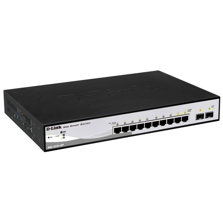 Коммутатор D-Link L2 Smart Switch with 8 10/100/1000Base-T ports and 2 100/1000Base-X SFP ports (8 PoE ports 802.3af/802.3at (30 W), PoE Budget 65 W) DGS-1210-10P/CLI DGS-1210-10P/CLI
