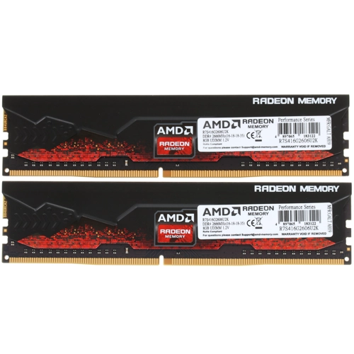 Модуль памяти AMD 16GB Radeon™ DDR4 2666 DIMM R7 Performance Series Black Gaming Memory Non-ECC, CL16, 1.2V, Heat Shield, Kit (2x8GB), RTL R7S416G2606U2K R7S416G2606U2K