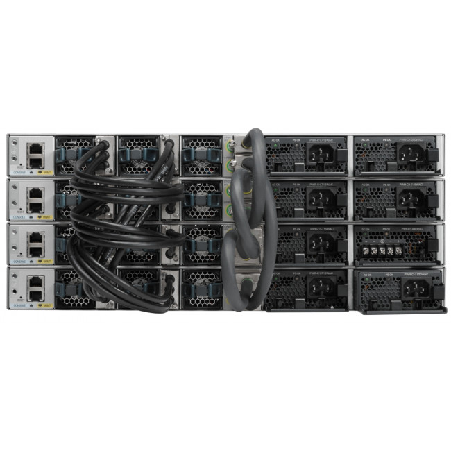 Коммутатор Cisco (WS-C3850-48P-S) управляемый Layer3, 48 портов 10/100/1000Base-T, PoE стандарта IEEE 802.3at, встроенный беспроводной контроллер до 50 точек доступа, 4 GE порта(SFP) или 4 10GE порта(SFP+) с модулем аплинка WS-C3850-48P-S