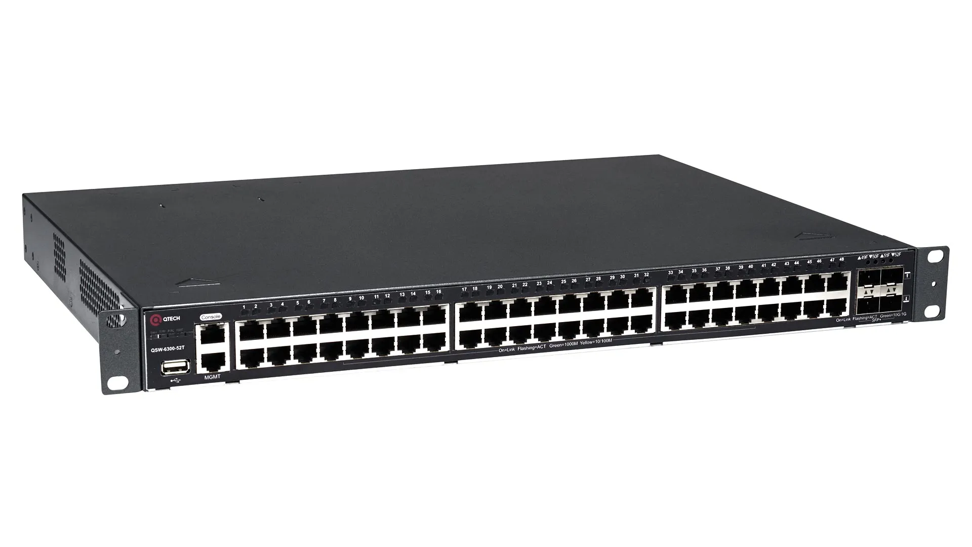 Коммутатор Qtech  L3, 48 портов 10/100/1000 BASE-T, 4 порта 10GbE SFP+, 4K VLAN, 64K MAC адресов, 1 порт USB 2.0, консольный порт, порт управления MGMT, 2 встроенных блока охлаждения, 2 сменных БП (поставляются отдельн QSW-6300-52T QSW-6300-52T #1