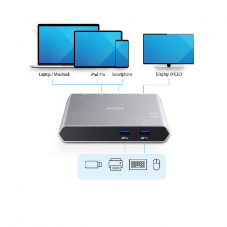 KVM-переключатель ATEN Переключатель/USB-концентратор, электрон,, USB, ноутбук+смарт-фон (Android)> 2 устройства, 2 USB 3,2 Gen 1 C -тип> 2 USB 3,2 Gen 1 A-тип, Female, со шнурами USB C-тип US3310-AT US3310-AT
