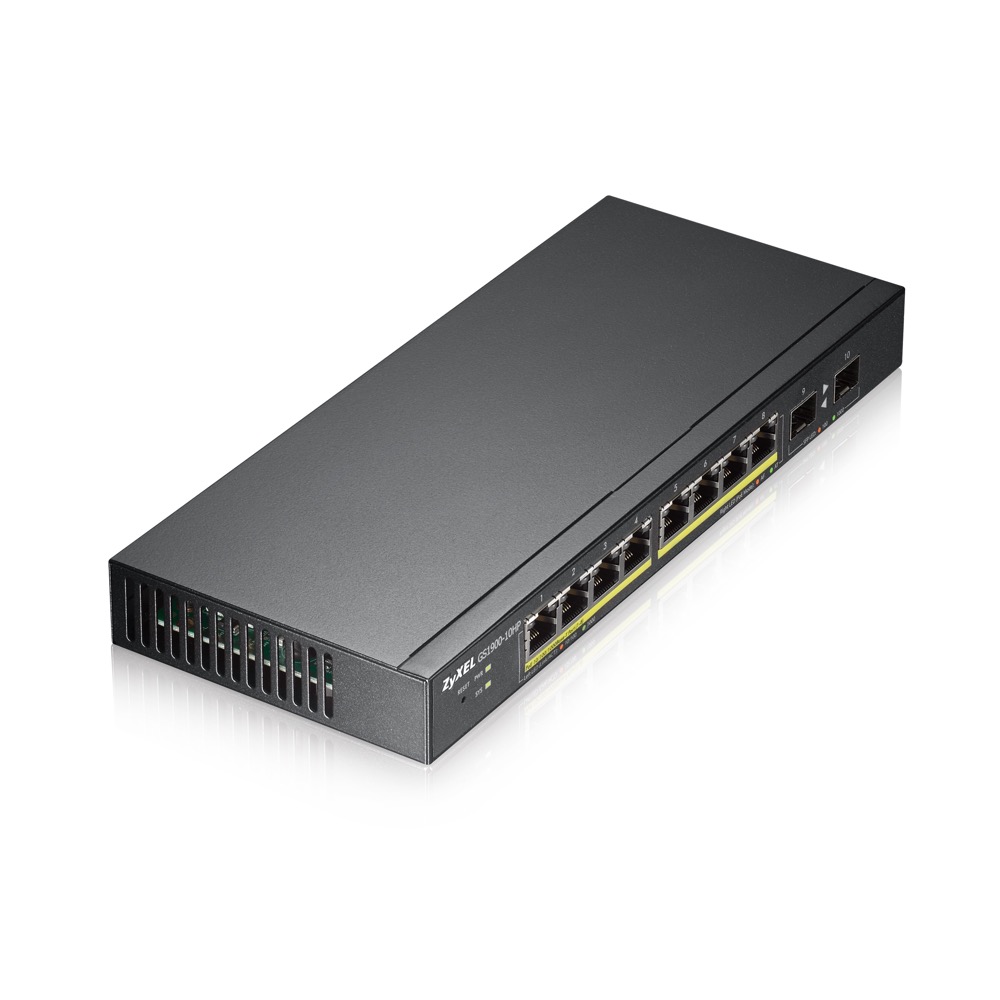 Коммутатор ZYXEL Smart PoE+ GS1900-10HP, 8xGE PoE+, 2xSFP, настольный, бесшумный, бюджет PoE 77 Вт GS1900-10HP-EU0101F GS1900-10HP-EU0101F