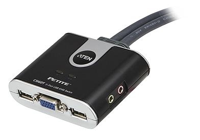KVM переключатель ATEN VGA/SVGA+KBD+MOUSE, 1> 2 компьютера/блока/порта USB, со встр. KVM-шнурами USB 2x1.2м CS62T-A7 CS62T-A7