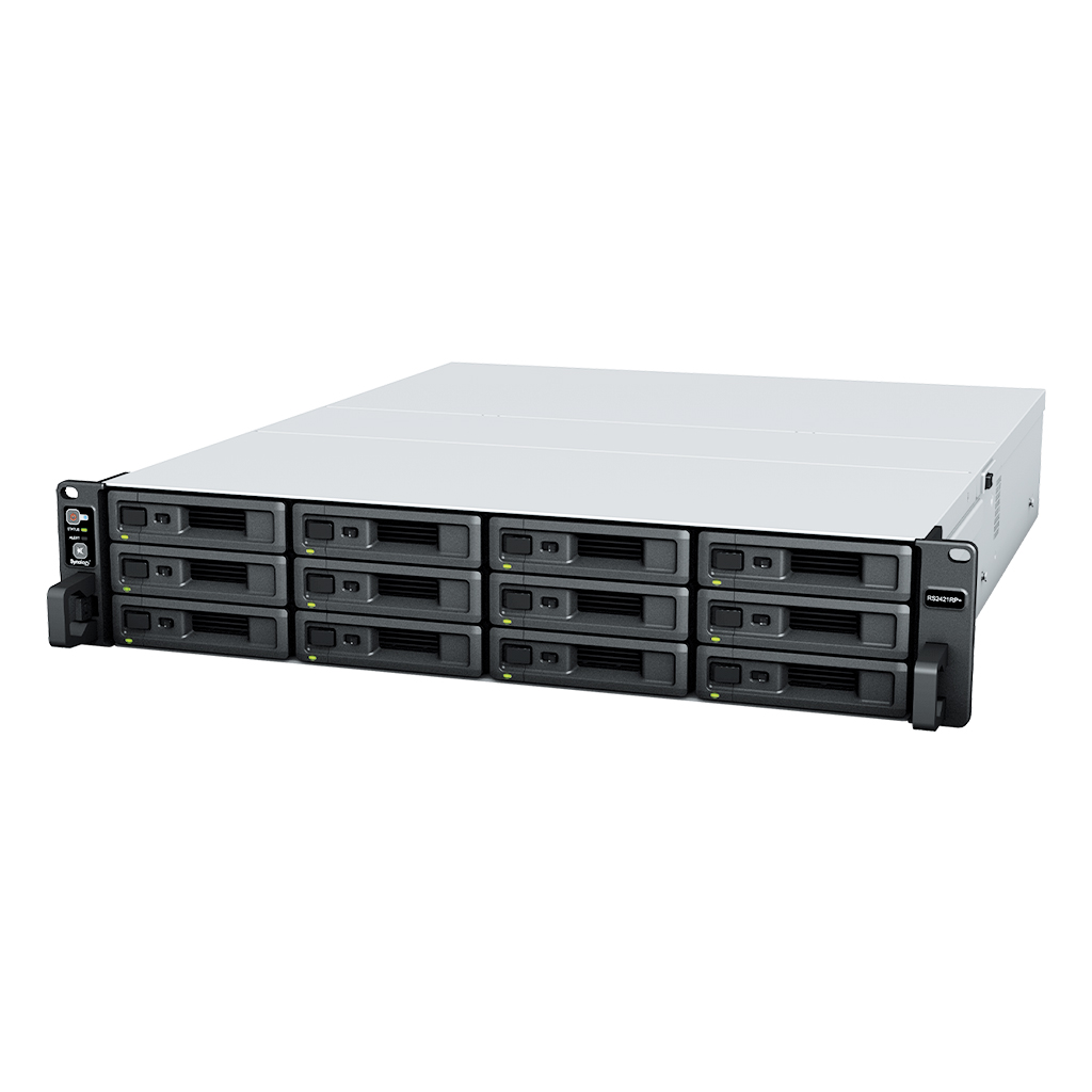 СХД Synology RS2421+ Rack 2U QC2,2GhzCPU/4Gb(up to 32)/RAID0,1,10,5,6/up to 12hot plug HDDs SATA(3,5' or 2,5')(up to 24 with RX1217RP)/2xUSB/4GigEth(+1Expslot)/iSCSI/2xIPcam(up to 40)/no rail RS2421+ RS2421+