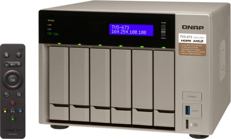 Сетевой RAID-накопитель QNAP 6 отсеков для HDD, 2 слота M.2 SSD, 2 HDMI-порта. AMD RX-421BD 2,1 ГГц (до 3,4 ГГц ), 64 ГБ DDR4 TVS-673-64G TVS-673-64G