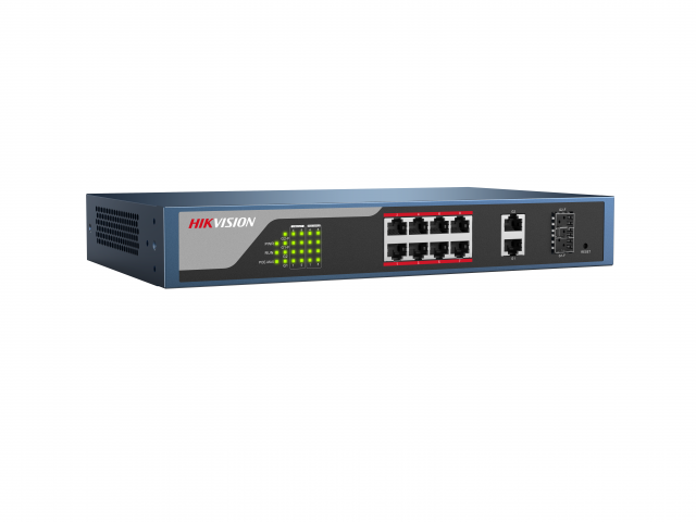 PoE коммутатор Hikvision DS-3E1310P-E 8 RJ45 100M с грозозащитой 4кВ, 1-8 порты с высоким приоритетом; 2 RJ45 1000M PoE; 2 1000М SFP порта DS-3E1310P-E DS-3E1310P-E