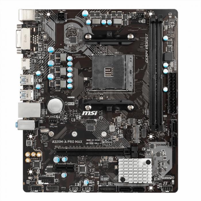Материнская плата MSI  AM4, A320, 2xDDR4-2667, 1xPCI-Ex16x, 1xPCI-Ex, DVI-D+HDMI, 4xSATA3(RAID 0/1/10), 1xM.2, 8 Ch Audio, GLan, (2+4)xUSB2.0, (4+2)xUSB3.2, 2xPS/2, mATX, RTL A320M-A PRO MAX A320M-A PRO MAX