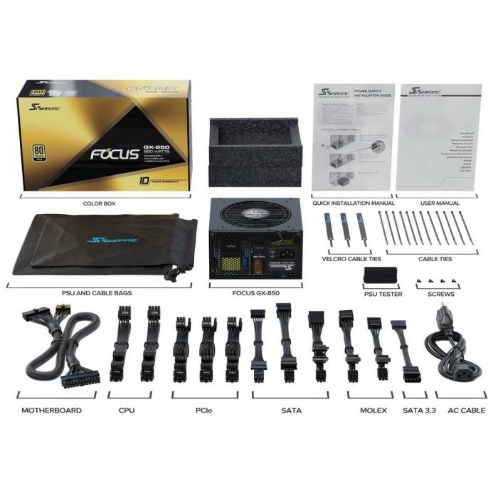 Блок питания Seasonic FOCUS GX-850 APFC 0.99; Модульный МВ(20+4), 2xCPU(4+4),6xPCI-E(6+2),10xSATA,5xMolex,2xMolex to SATA 3.3 Adapter;Fan 120мм, S3FC ;КПД>87%;100-240В,50-60Гц;Защиты OPP/OVP/UVP/ OCP/OTP/SCP;EnergyStar,RoHS; MTBF>100000ч SSR-850FX SSR-850FX