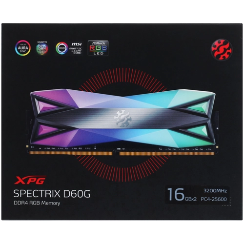 Модуль памяти ADATA 32GB DDR4 3200 DIMM XPG SPECTRIX D60G RGB Grey Gaming Memory Non-ECC, CL16, 1.35V, 1024x8, Kit (2x16GB), RTL (775111) AX4U3200316G16A-DT60 AX4U3200316G16A-DT60