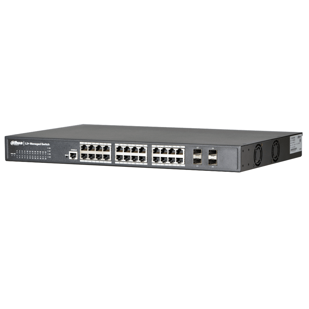 Коммутатор Dahua 24-портовый управляемый коммутатор, уровень L2+ Порты: 20 RJ45 10/100/1000Мбит/с, 4 комбинированных SFP/RJ45 10/100/1000Мбит/с; DH-PFS5424-24T DH-PFS5424-24T