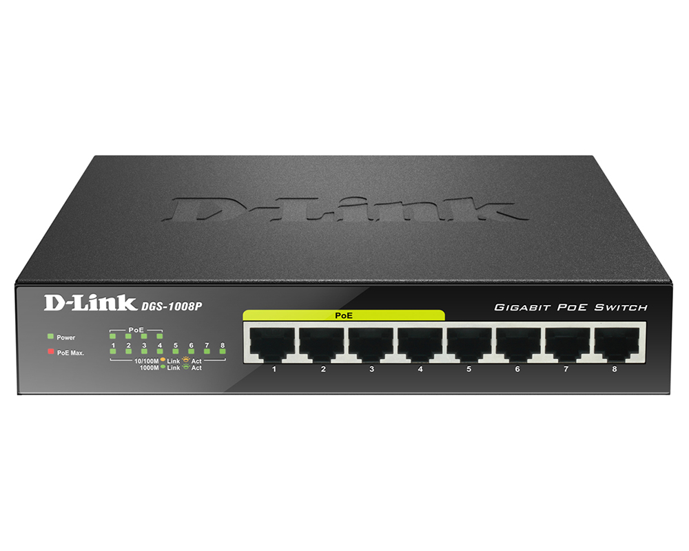 Коммутатор D-Link L2 Unmanaged Switch with 8 10/100/1000Base-T ports (4 PoE ports 802.3af/802.3at (30 W), PoE Budget 80) DGS-1008P/E1A DGS-1008P/E1A