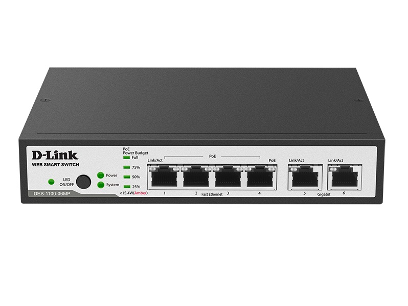 Коммутатор D-Link L2 Smart Switch with 4 10/100Base-TX ports and 2 10/100/1000Base-T (4 PoE ports 802.3af/802.3at (30 W), PoE Budget 80 W) DES-1100-06MP/A1A DES-1100-06MP/A1A