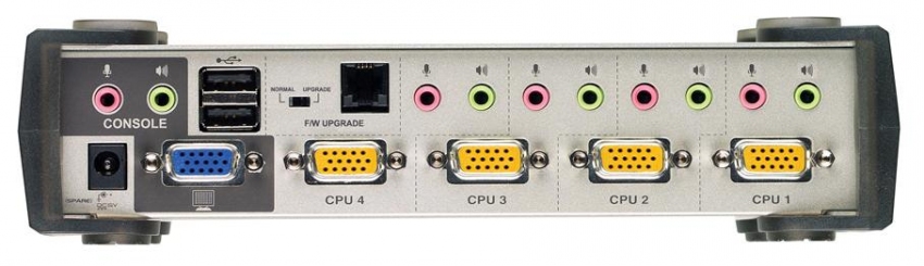 KVM переключатель ATEN VGA/SVGA+KBD+MOUSE+AUDIO, 1> 4 блока/порта PS/2;USB, c KVM-шнурами USB 2х1.2+2х1.8 м CS1734AC-AT CS1734AC-AT