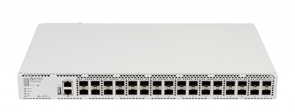 Коммутатор Eltex  1x10/100/1000BASE-T (ООВ), 32x10GBASE-R (SFP+)/1000BASE-X (SFP), коммутатор L3, 2 слота для модулей питания MES5332A MES5332A