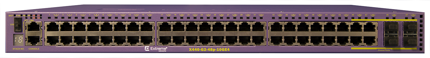 Коммутатор Extreme Networks X440-G2-48p-10GE4, 48 10/100/1000BASE-T POE+, 4 1GbE unpopulated SFP upgradable to 10GbE SFP+ (2 combo/2 non-combo), 2 1GbE copper combo upgradable to 10GbE, 1 Fixed AC PSU, 1 RPS port, ExtremeXOS Edge license 16535 16535