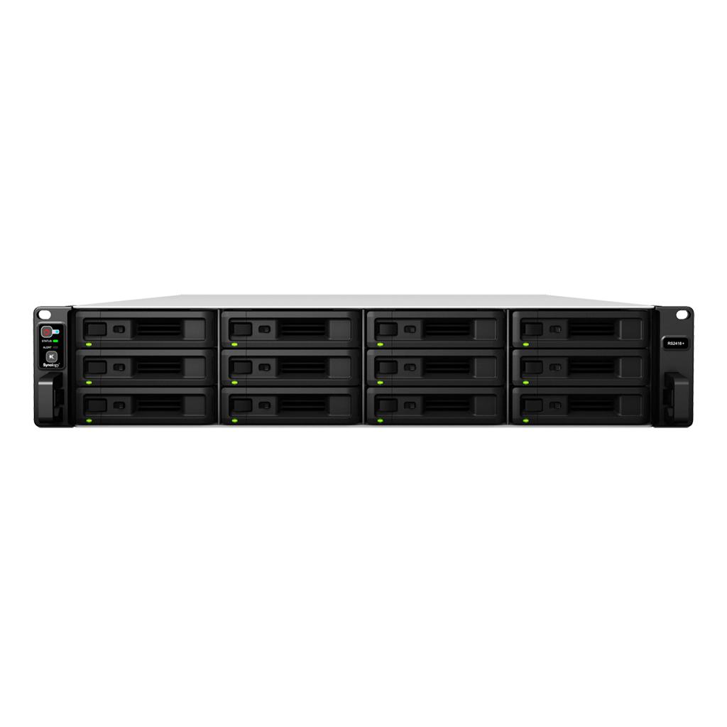 СХД Synology RS2418+ Rack 2U QC2,1GhzCPU/4Gb(up to 64)/RAID0,1,10,5,6/up to 12hot plug HDDs SATA(3,5' or 2,5')(up to 24 with RX1217)/2xUSB/4GigEth(+1Expslot)/iSCSI/2xIPcam(up to 40)/1xPS/no rail RS2418+ RS2418+