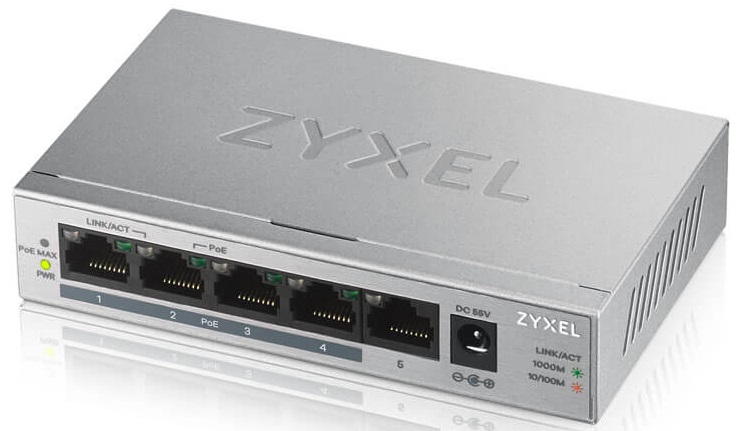 Коммутатор ZYXEL 5xGE (4xPoE+), настольный, металлический, бесшумный, бюджет PoE 60 Вт GS1005HP GS1005HP