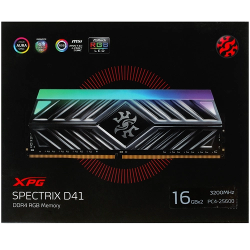 Модуль памяти ADATA 32GB DDR4 3200 DIMM XPG SPECTRIX D41 RGB Grey Gaming Memory Non-ECC, CL16, 1.35V, 1024x8, Kit (2x16GB), RTL (775098) AX4U3200316G16A-DT41 AX4U3200316G16A-DT41