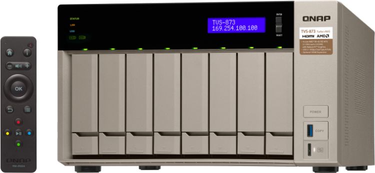Сетевой RAID-накопитель QNAP 8 отсеков для HDD, 2 слота M.2 SSD, 2 HDMI-порта. AMD RX-421BD 2,1 ГГц (до 3,4 ГГц ), 64 ГБ DDR4 TVS-873-64G TVS-873-64G