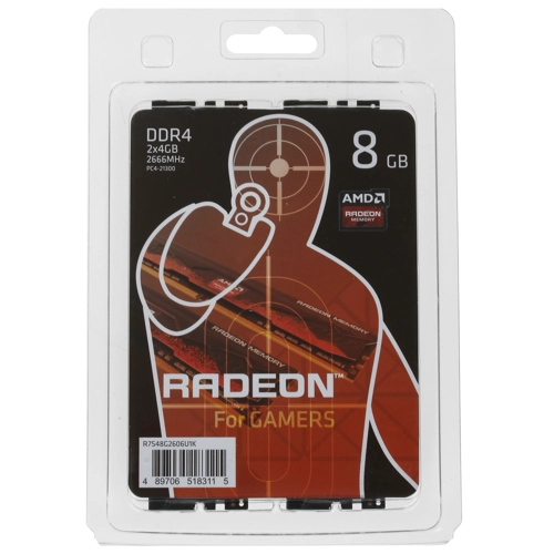 Модуль памяти AMD 8GB Radeon™ DDR4 2666 DIMM R7 Performance Series Black Gaming Memory Non-ECC, CL16, 1.2V, Heat Shield, Kit (2x4GB), RTL R7S48G2606U1K R7S48G2606U1K