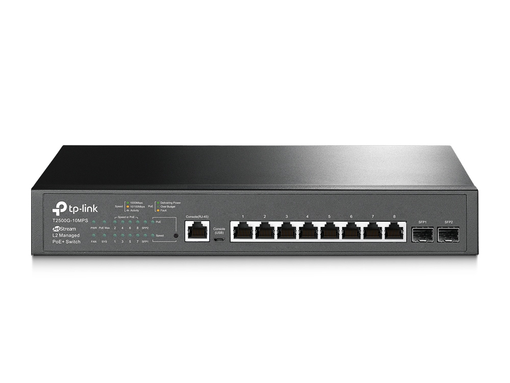 Коммутатор TP-Link PoE+ L2, 8*10/100/1000, 2 SFP, поддержка 802.3at/af T2500G-10MPS T2500G-10MPS