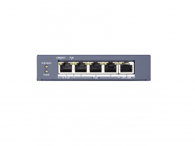 PoE коммутатор Hikvision DS-3E0505HP-E неуправляемый 3 RJ45 1000M PoE с грозозащитой 6кВ; 1 RJ45 1000M Ethernet ,1 1000M  порт поддерживает HiPoE 60Вт; бюджет PoE 60Вт;  поддержка режима передачи до 300м DS-3E0505HP-E DS-3E0505HP-E