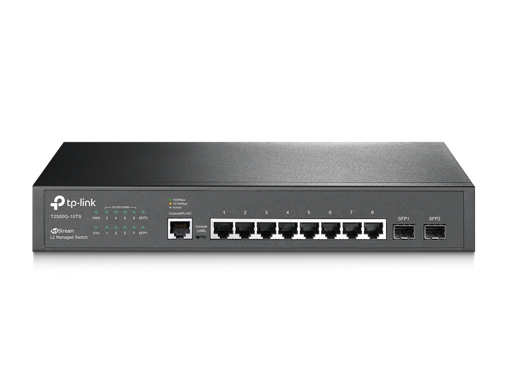 Коммутатор TP-Link L2, 8*10/100/1000, 2*Gb SFP, 1U 19-дюймовый стальной корпус для монтажа в стойку T2500G-10TS T2500G-10TS