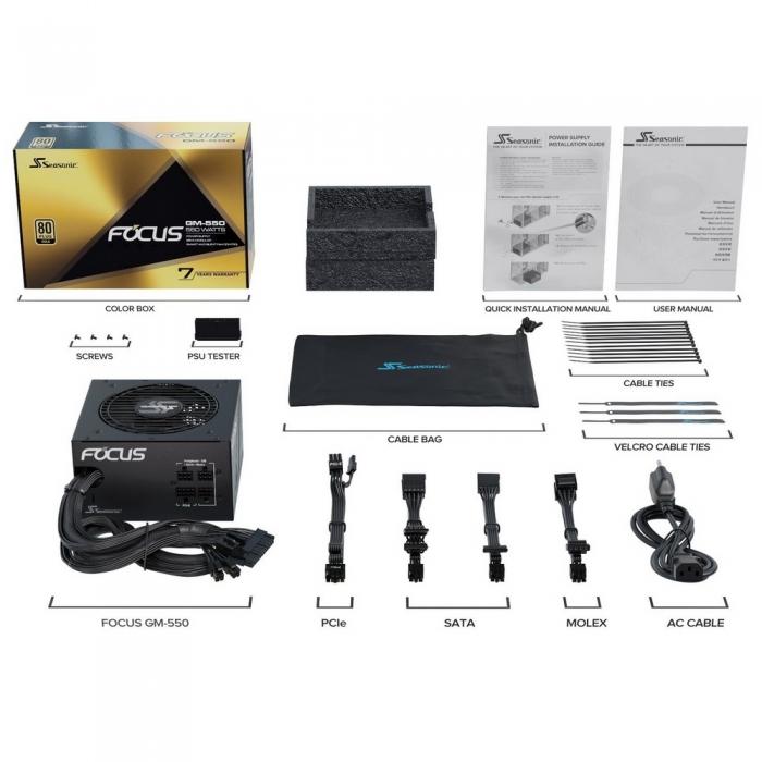 Блок питания Seasonic FOCUS GM-550 APFC 0.99; Модульный МВ(20+4), 1xCPU(4+4),2xPCI-E(6+2),6xSATA,3xMolex;Fan 120мм, S2FC ;КПД>87%;100-240В,50-60Гц;Защиты OPP/OVP/UVP/ OCP/OTP/SCP;EnergyStar,RoHS; MTBF>100000ч SSR-550FM SSR-550FM