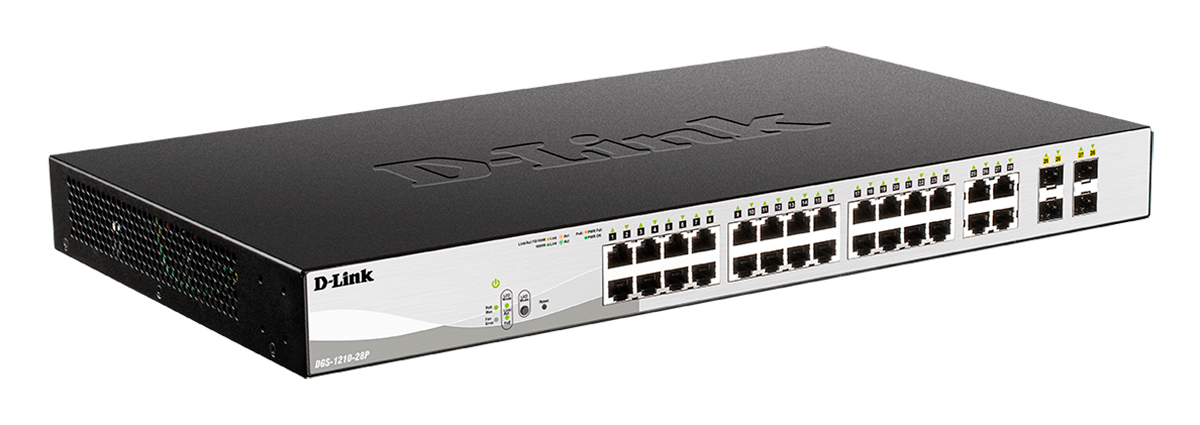 Коммутатор D-Link L2 Smart Switch with 24 10/100/1000Base-T ports and 4 1000Base-T/SFP combo-ports (24 PoE ports 802.3af/802.3at (30 W), PoE Budget 193 W) DGS-1210-28P/F3A DGS-1210-28P/F3A