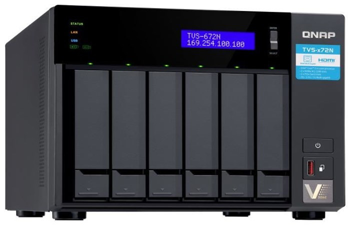 Сетевой RAID-накопитель QNAP 6-Bay 2.5"/3.5" SATA HDD/SSD + 2x M.2 PCIe  SSD slot, Intel Core  i3-8100T 4-core 3.1 GHz Processor, 4GB DDR4 RAM (2 x 2 GB) max 32 GB (2 x 16 GB), 2xGbE LAN, 1x5GbE TVS-672N-i3-4G TVS-672N-i3-4G