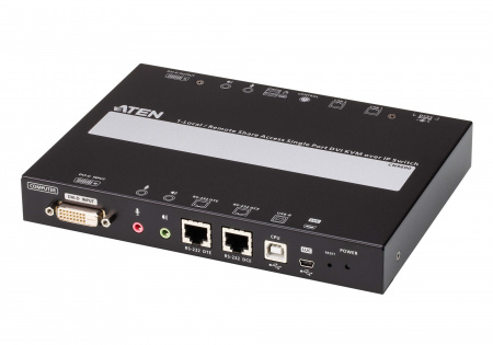 Удлинитель ATEN IP KVM шлюз/extender, KVM+RS232+AUDIO DVI+USB, управл, по IP, Rackmount/Desktop, 2x10/100/1000 Base-T, с KVM-шнуром USB 1x1,2м,/USB<=>MiniUSB 1,2м,, (Virtual Media;1920x1200 60Hz;WIN/LINUX/SUN/MAC) CN9600-AT-G CN9600-AT-G