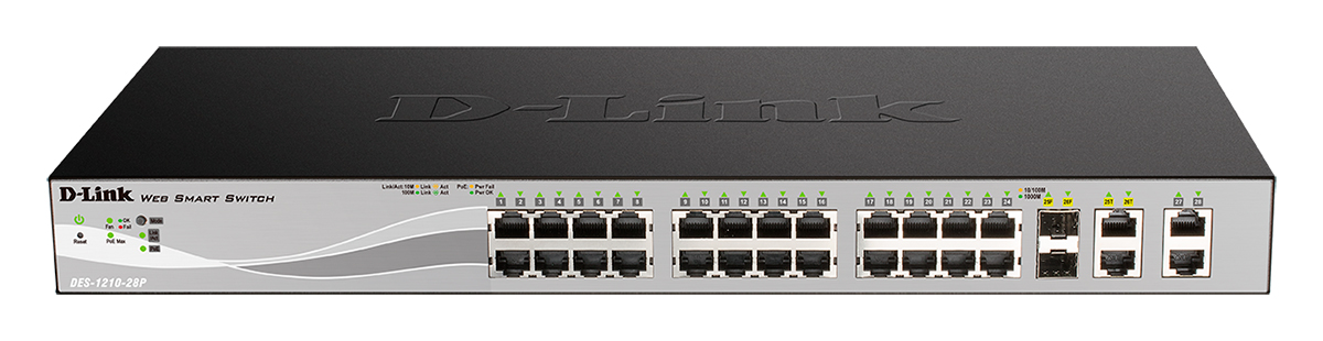 Коммутатор D-Link L2 Smart Switch with 24 10/100Base-TX ports and 2 10/100/1000Base-T ports and 2 100/1000Base-T/SFP combo-ports (4 PoE ports 802.3af/802.3at (30 W), 20 PoE ports 802.3af (15,4 W), PoE Budget 193 W) DES-1210-28P/C3A DES-1210-28P/C3A