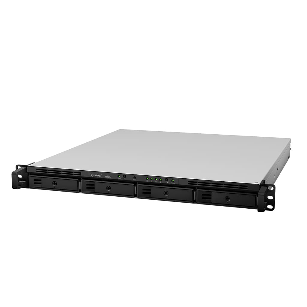 СХД Synology RS820+ Rack 1U QC2,1Ghz CPU/2Gb(upto18)/RAID0,1,10,5,5+spare,6/upto 4hot plug HDDs SATA(3,5' or 2,5')(upto 8 with RX418)/2xUSB3.0/1eSATA/4GigEth/iSCSI/2xIPcam/3YW RS820+ RS820+