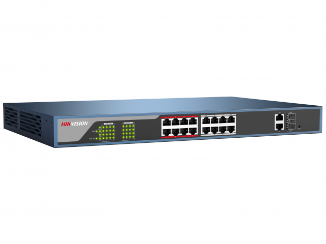 PoE коммутатор Hikvision DS-3E0318P-E 16 RJ45 100M с грозозащитой 4кВ, 1-8 порты с высоким приоритетом; 2 Uplink комбо-порта 1000М DS-3E0318P-E DS-3E0318P-E