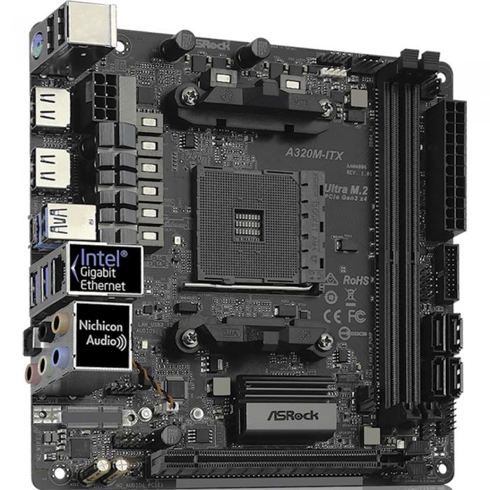 Материнская плата ASRock Socket AM4, AMD A320, 2xDDR4-3200, HDMI+HDMI, 1xPCI-Ex16, 4xSATA3(RAID 0/1/10), 1xM.2, 8 Ch Audio, 1xGLan, WiFi, (2+2)xUSB2.0, (3+2)xUSB3.1, 1xUSB3.1 Type-C™, 1xPS/2, Mini-ITX, RTL, A320M-ITX A320M-ITX