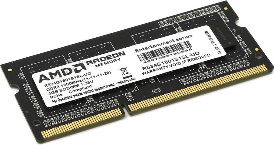 Модуль памяти AMD 4GB Radeon™ DDR3L 1600 SO DIMM R5 Entertainment Series Black Non-ECC, CL11, 1.35V, Bulk (180695) R534G1601S1SL-UO R534G1601S1SL-UO