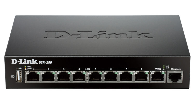 Маршрутизатор D-Link VPN Gigabit Router with 1 10/100/1000Base-T WAN ports, 8 10/100/1000Base-T LAN ports and 1 USB ports DSR-250/C1A DSR-250/C1A