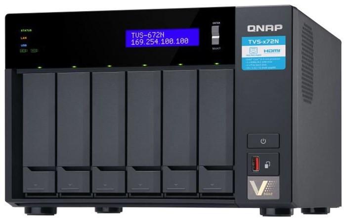 Сетевой RAID-накопитель QNAP 6-Bay 2.5"/3.5" SATA HDD/SSD + 2x M.2 PCIe  SSD slot, Intel Core  i3-8100T 4-core 3.1 GHz Processor, 4GB DDR4 RAM (2 x 2 GB) max 32 GB (2 x 16 GB), 2xGbE LAN, 1x5GbE TVS-672N-i3-4G TVS-672N-i3-4G