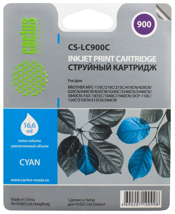 Картридж Cactus струйный CS-LC900С голубой для Brother DCP-110/115/120/MFC-210/215/FAX-1840 (16.6мл) CS-LC900C CS-LC900C