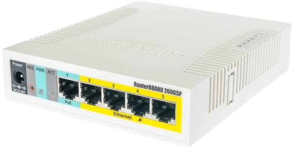 Коммутатор PoE Mikrotik RB260GSP with 5 Gigabit ports and SFP cage, SwOS, plastic case, PSU, POE-OUT CSS106-1G-4P-1S CSS106-1G-4P-1S/RB260GSP